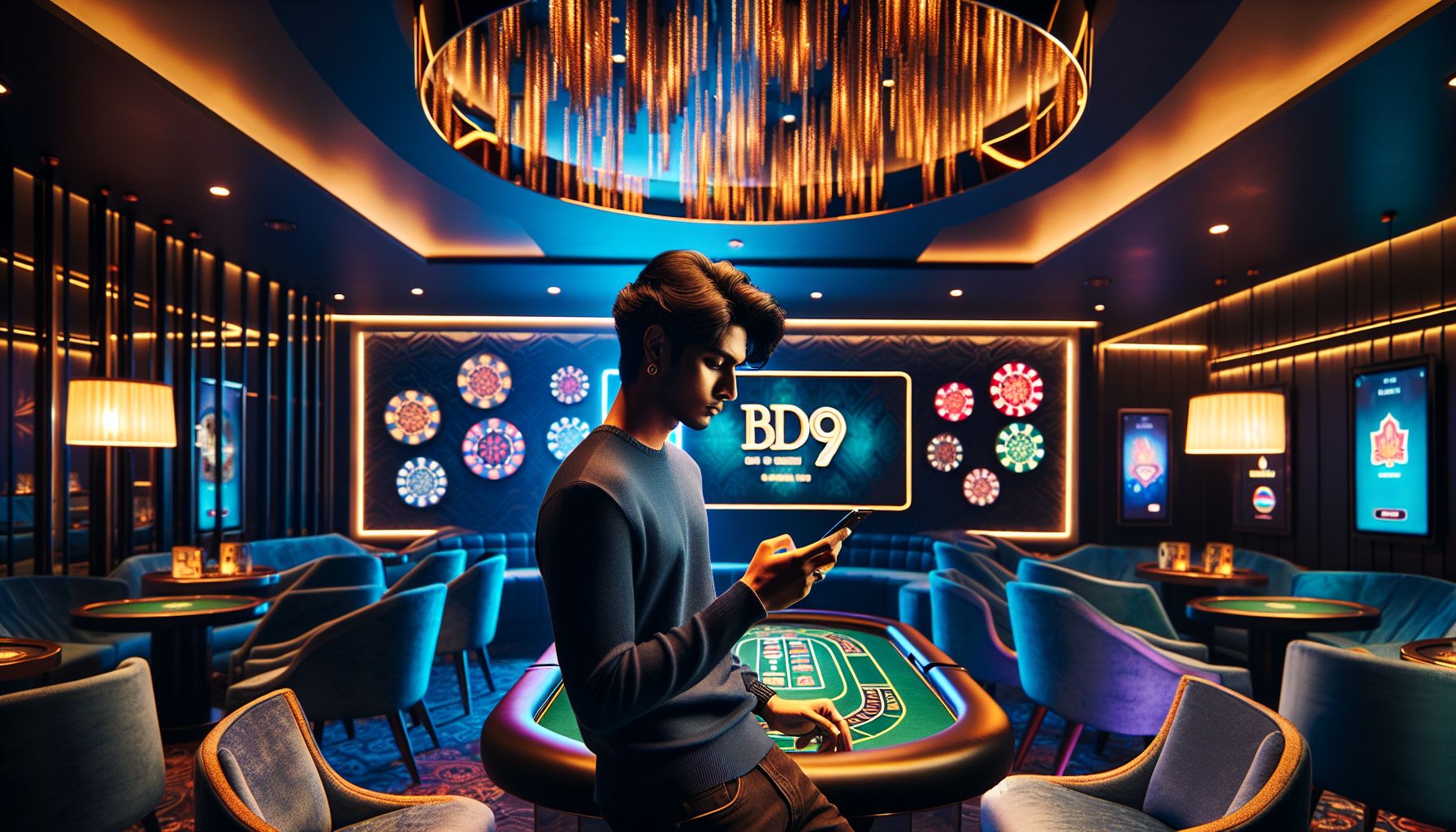Bangladeshi player using a phone to access a sleek online gaming platform at night