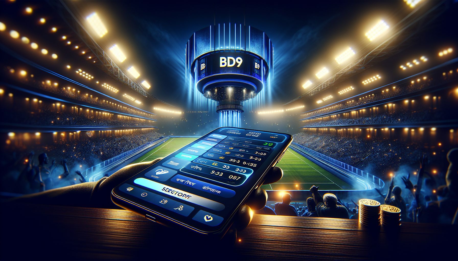Bangladeshi sports fan checking live match odds on a mobile screen with stadium lights in the background