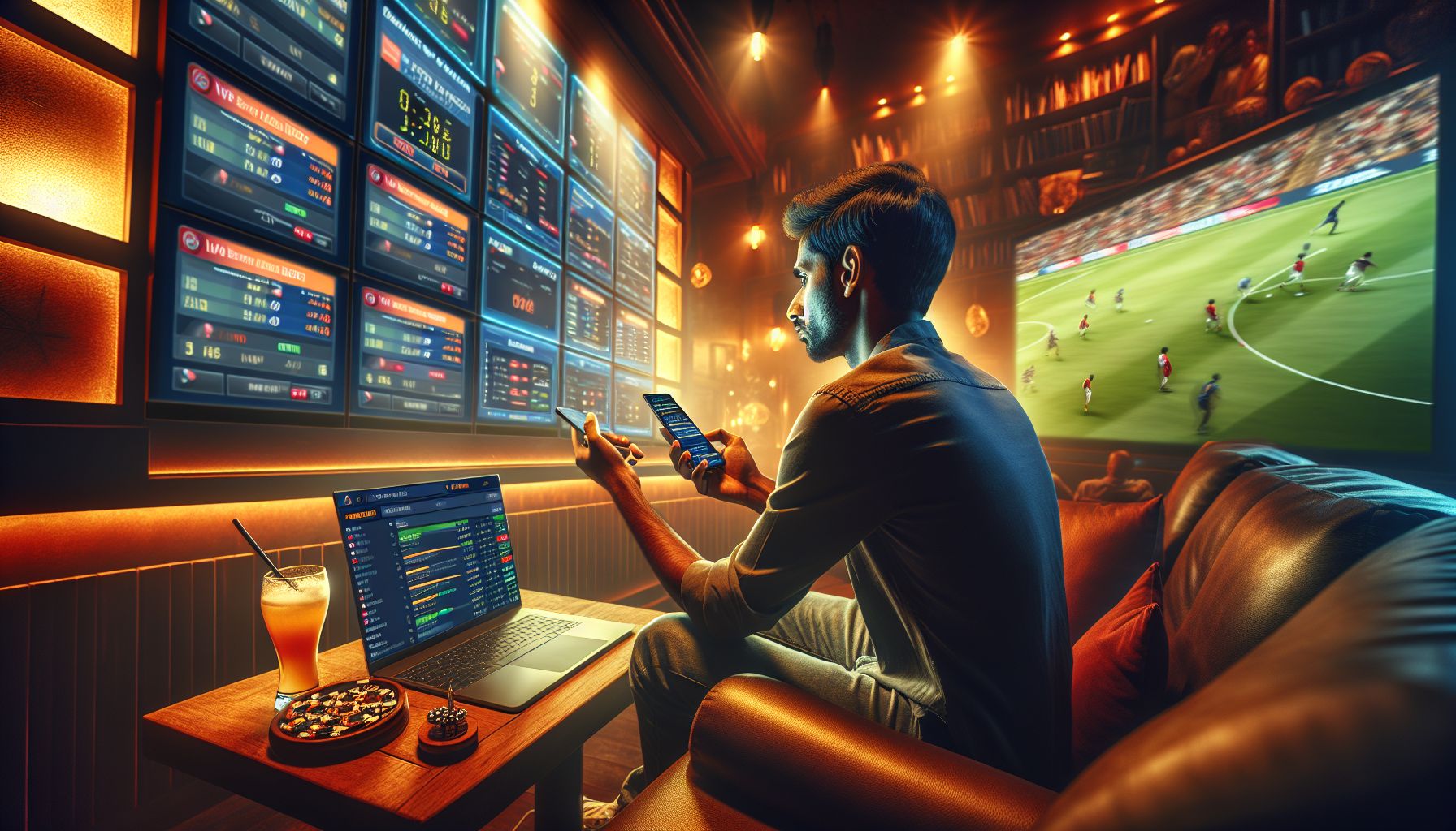 Player in Bangladesh using phone and laptop to follow live betting markets during a tense sports event