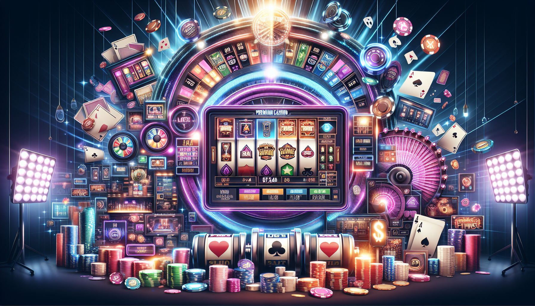 Colorful casino dashboard with game icons, chips, and bright studio-style lighting