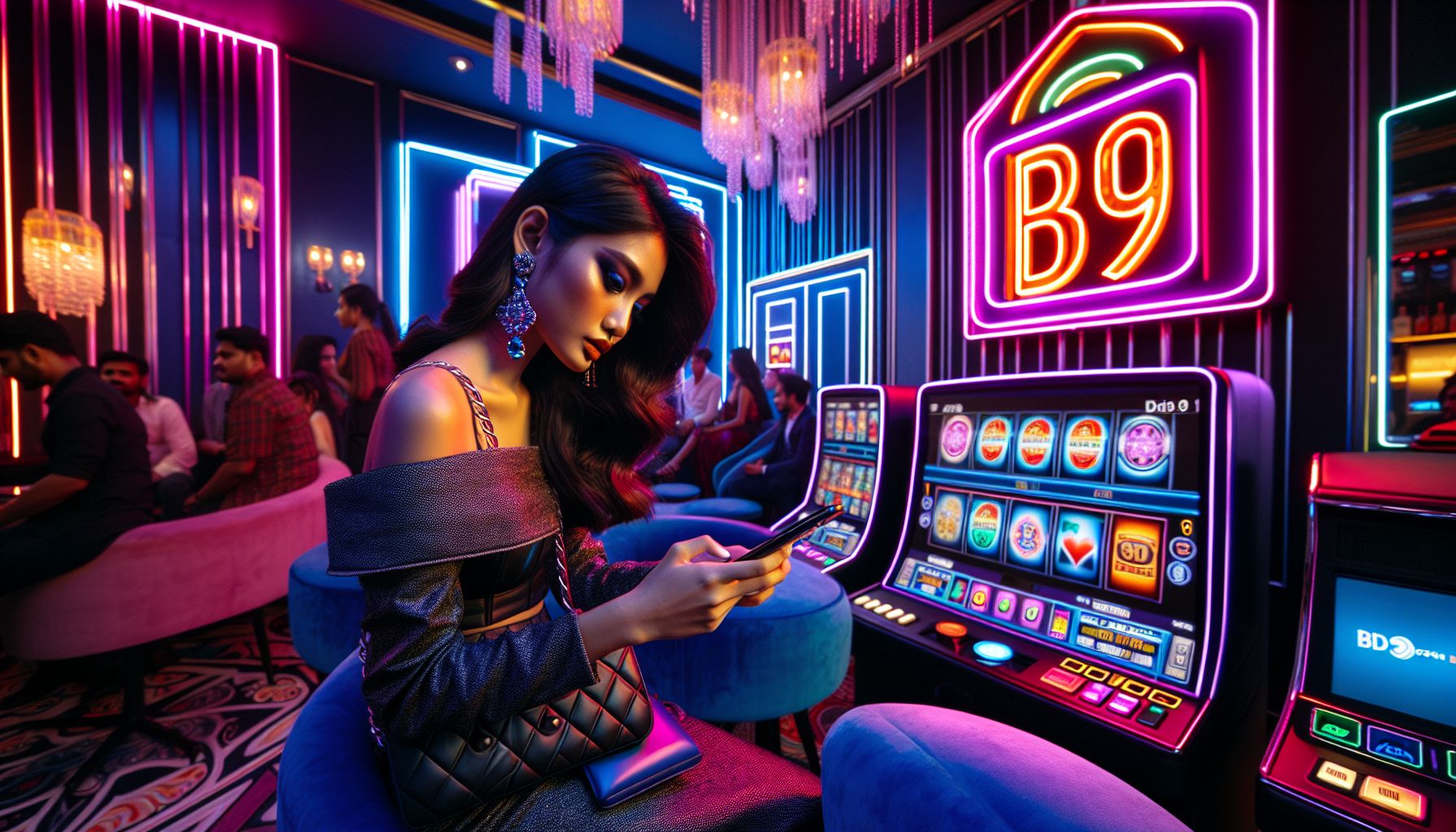 Bangladeshi player using a phone in front of bright slot screens inside a stylish bd9 gaming setting