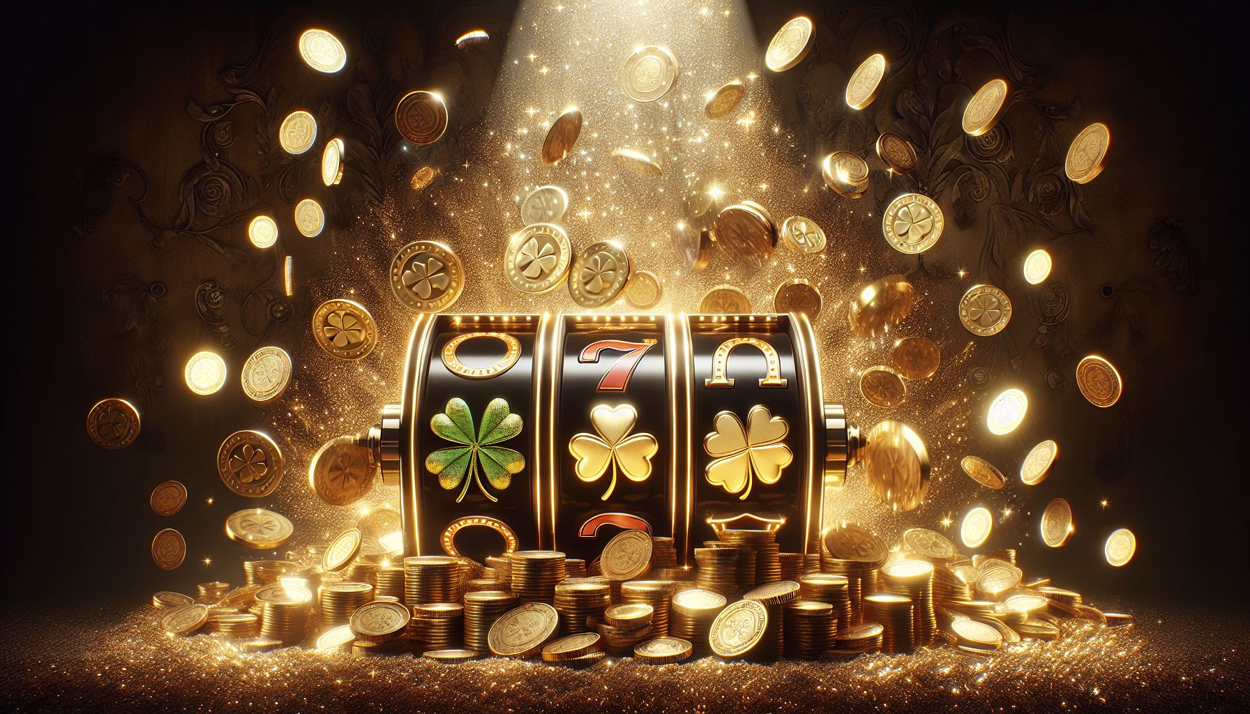 Premium slot reels showing lucky symbols with golden coins and dramatic lighting